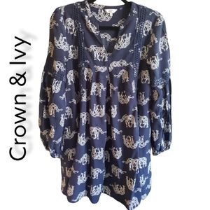 CROWN & IVY Navy Long Sleeve Trapeze Tunic Dress with White Elephants, SM